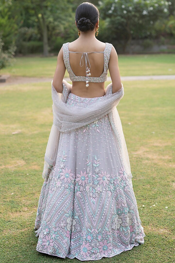 Grey Organza Embellished Wedding Lehenga Set by Angad Singh at Pernia's Pop Up Shop