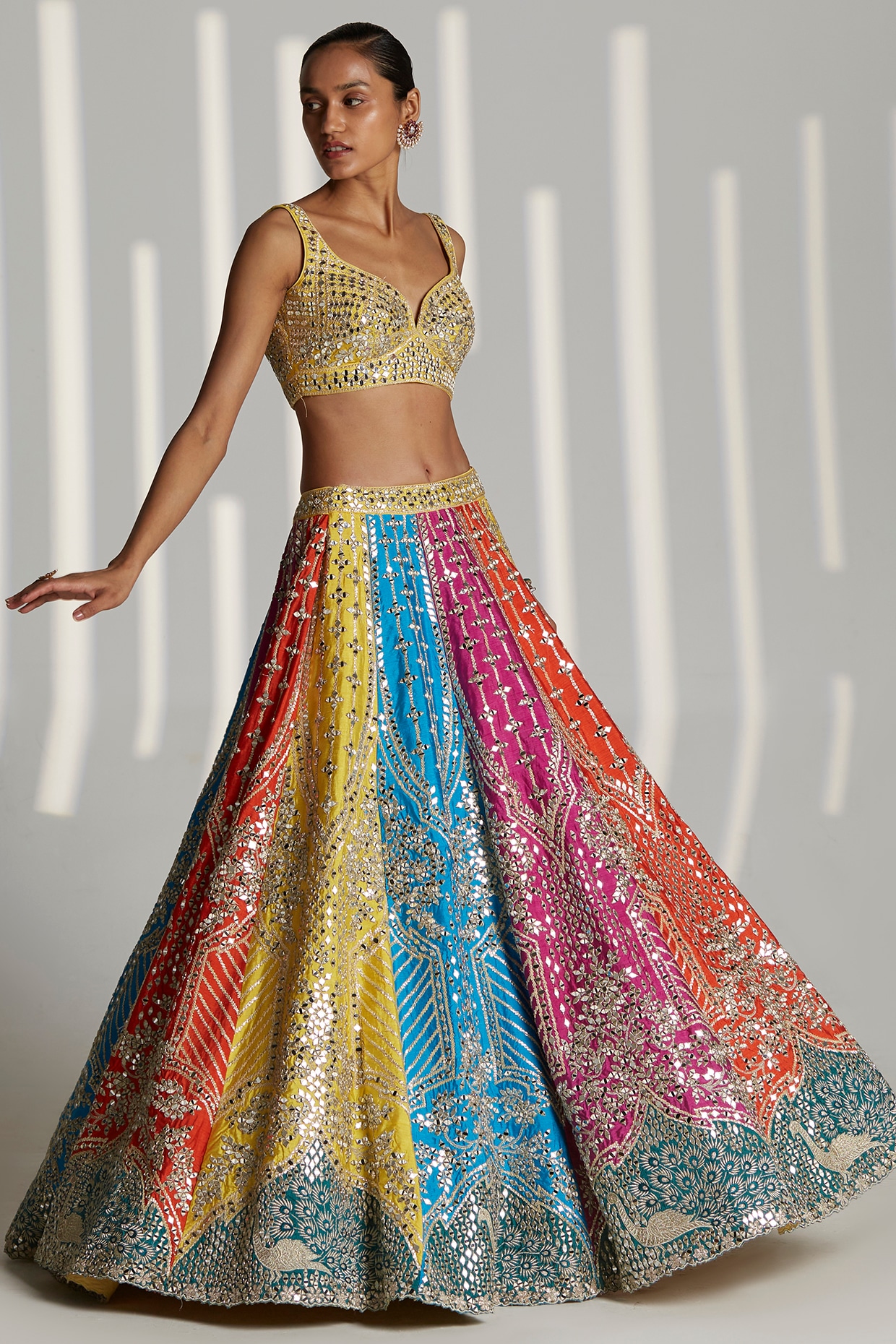 Functional Wear Satin Silk Base Multi Coloured Designer Lehenga Choli With  Net Dupatta – Kaleendi