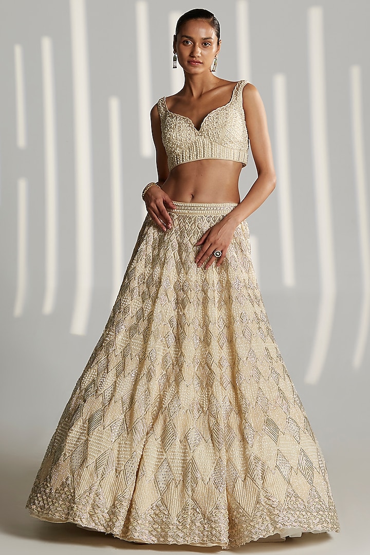 Ivory Organza Embroidered Bridal Lehenga Set by Angad Singh at Pernia's Pop Up Shop