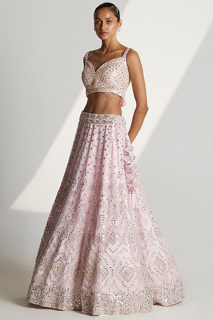 Blush Pink Organza Embroidered Wedding Lehenga Set by Angad Singh at Pernia's Pop Up Shop