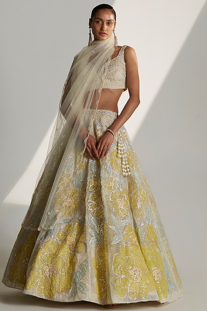 Ivory Organza Embroidered Wedding Lehenga Set by Angad Singh at Pernia's Pop Up Shop