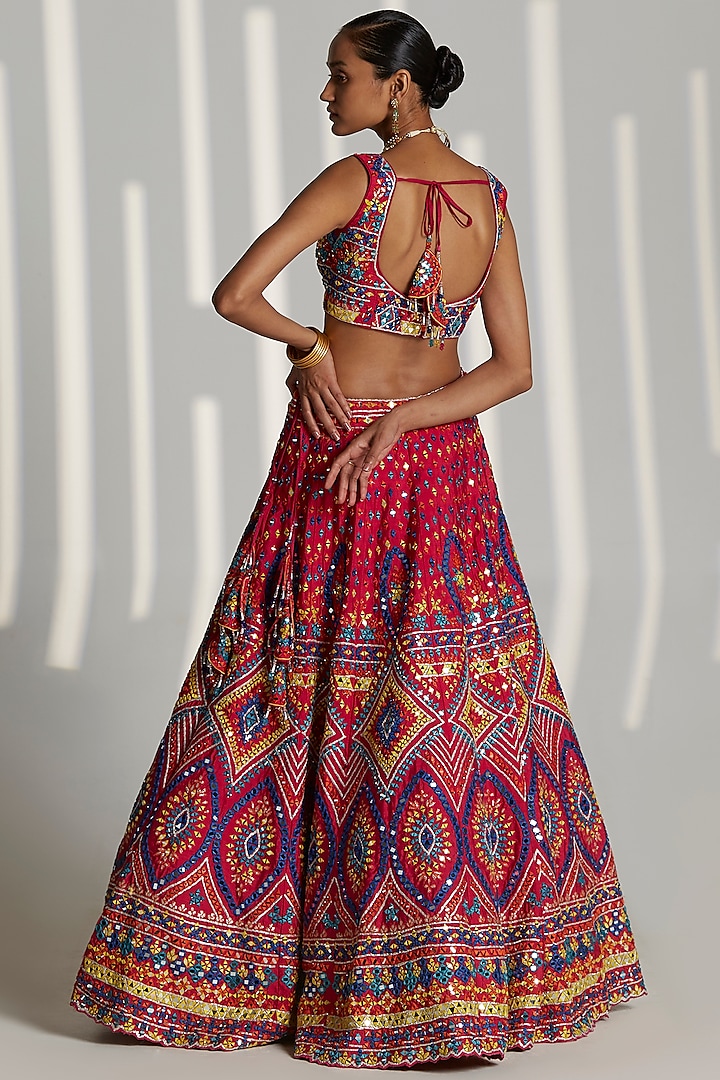 Hot Pink Raw Silk Embroidered Wedding Lehenga Set by Angad Singh at Pernia's Pop Up Shop