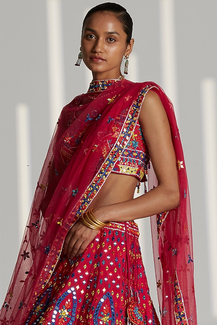 Hot Pink Raw Silk Embroidered Wedding Lehenga Set by Angad Singh at Pernia's Pop Up Shop