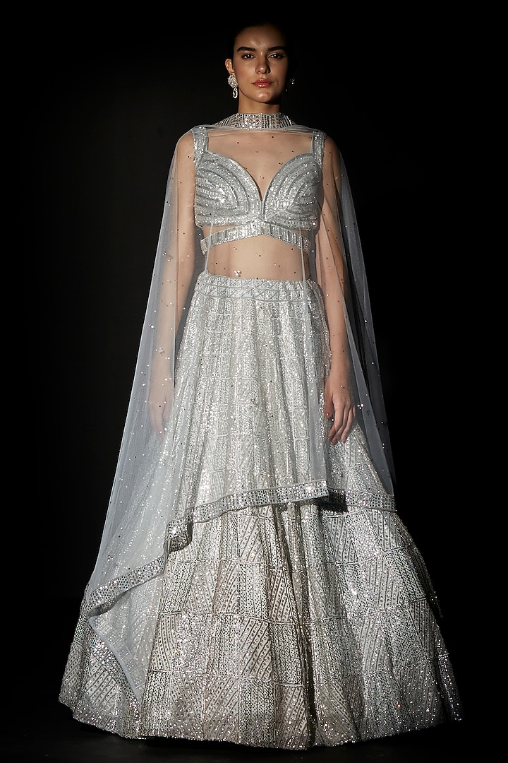 Ice Blue Organza Embroidered Bridal Lehenga Set by Angad Singh at Pernia's Pop Up Shop