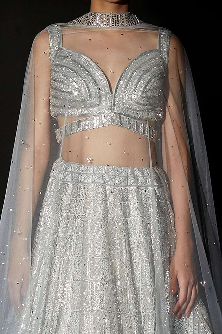 Ice Blue Organza Embroidered Bridal Lehenga Set by Angad Singh at Pernia's Pop Up Shop