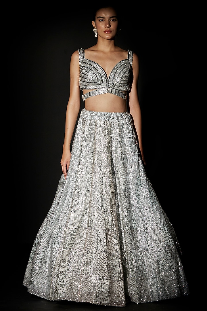 Ice Blue Organza Embroidered Bridal Lehenga Set by Angad Singh at Pernia's Pop Up Shop