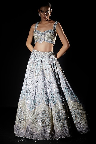 Ice Blue Raw Silk Embroidered Lehenga Set by Angad Singh