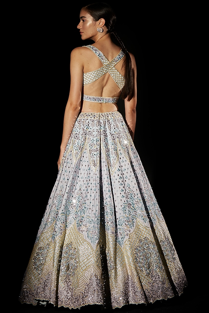 Ice Blue Raw Silk Embroidered Wedding Lehenga Set by Angad Singh at Pernia's Pop Up Shop