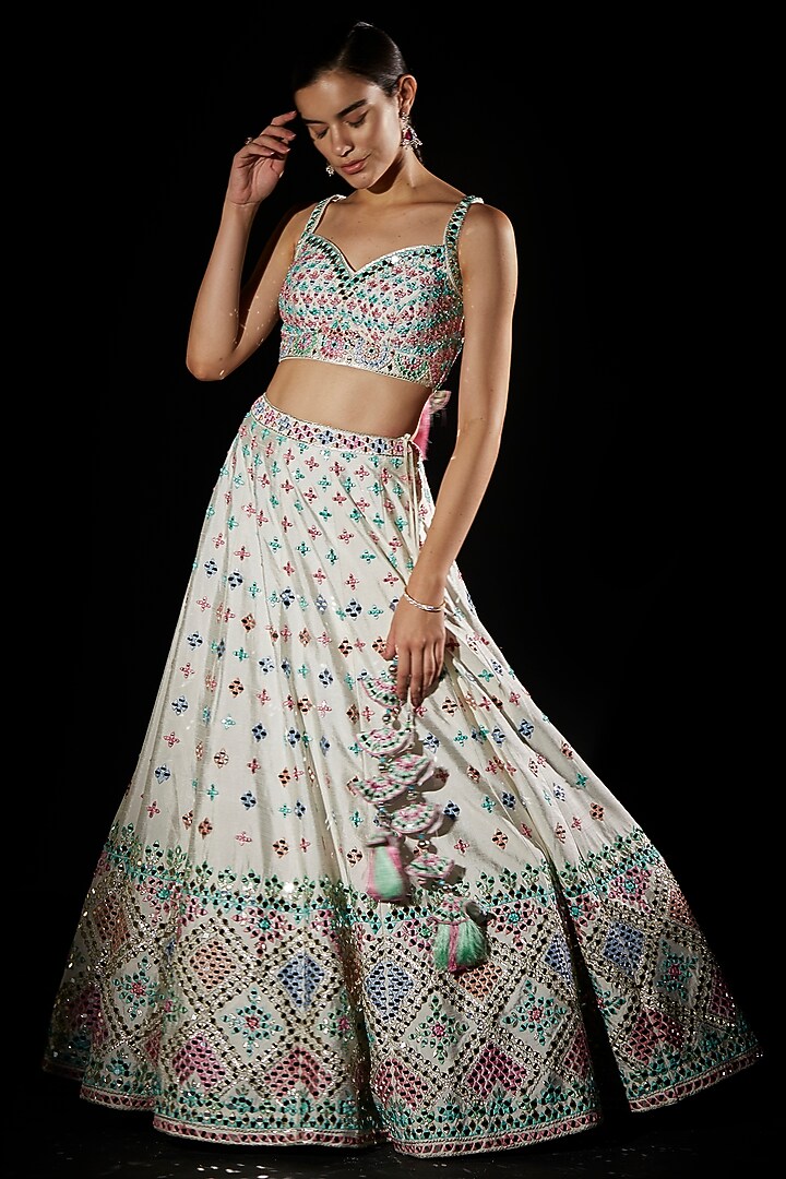 White Raw Silk Embroidered Wedding Lehenga Set by Angad Singh at Pernia's Pop Up Shop