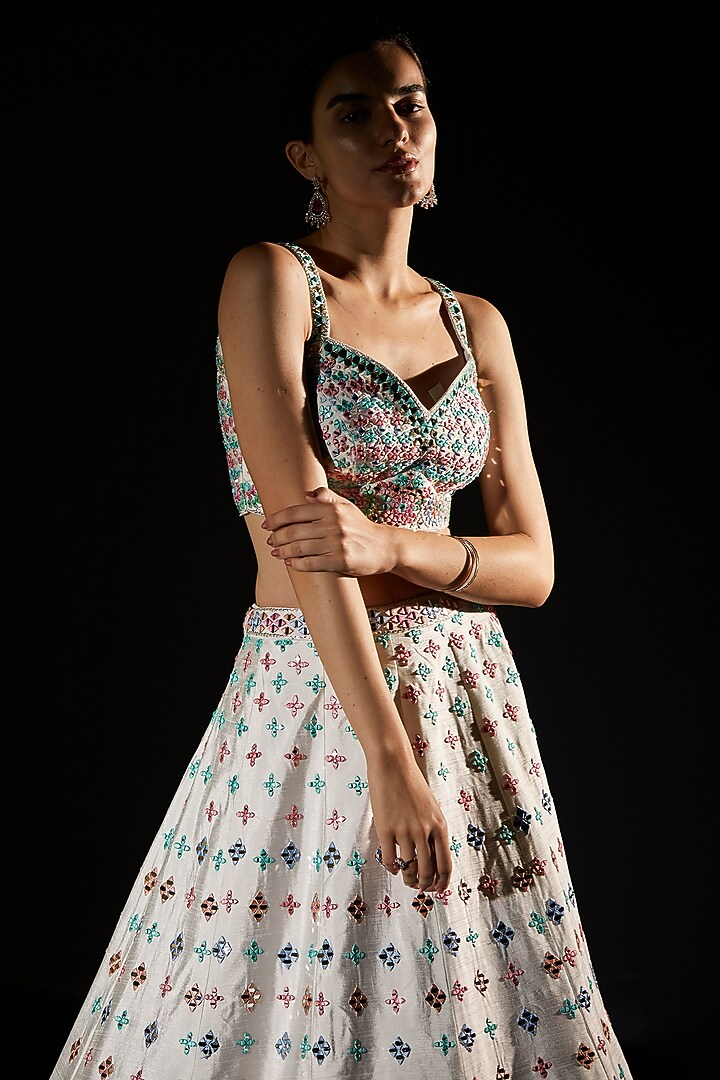 White Raw Silk Embroidered Wedding Lehenga Set by Angad Singh at Pernia's Pop Up Shop