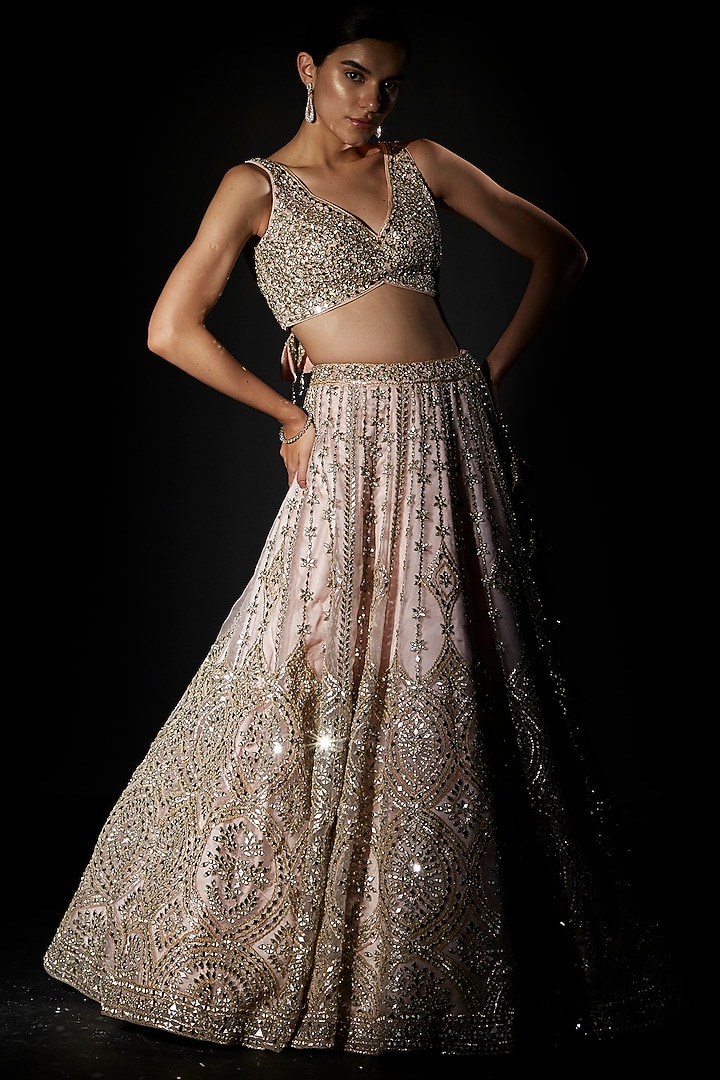 Peach Organza Embroidered Wedding Lehenga Set by Angad Singh at Pernia's Pop Up Shop