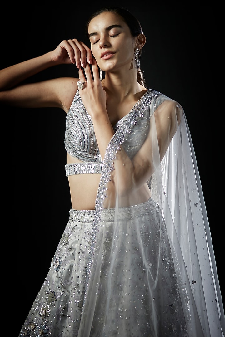 Grey Organza Embroidered Bridal Lehenga Set by Angad Singh at Pernia's Pop Up Shop