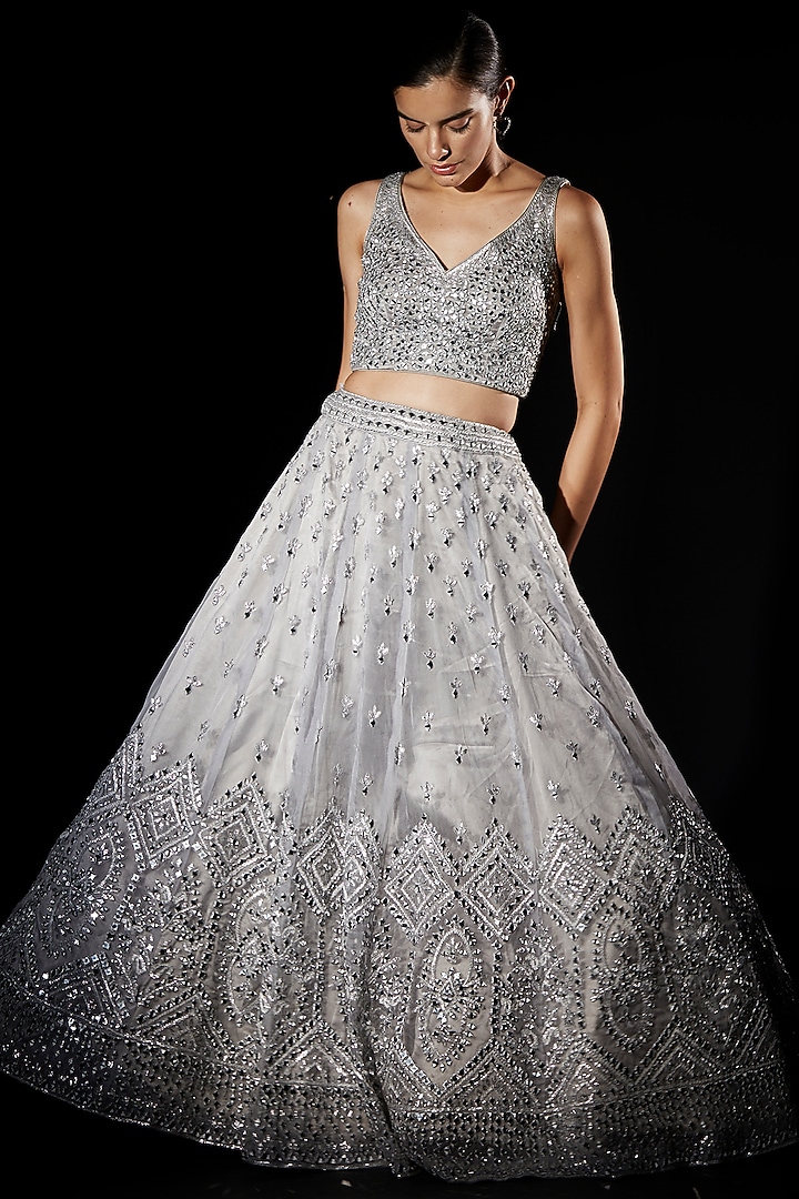 Grey Organza Embroidered Wedding Lehenga Set by Angad Singh at Pernia's Pop Up Shop
