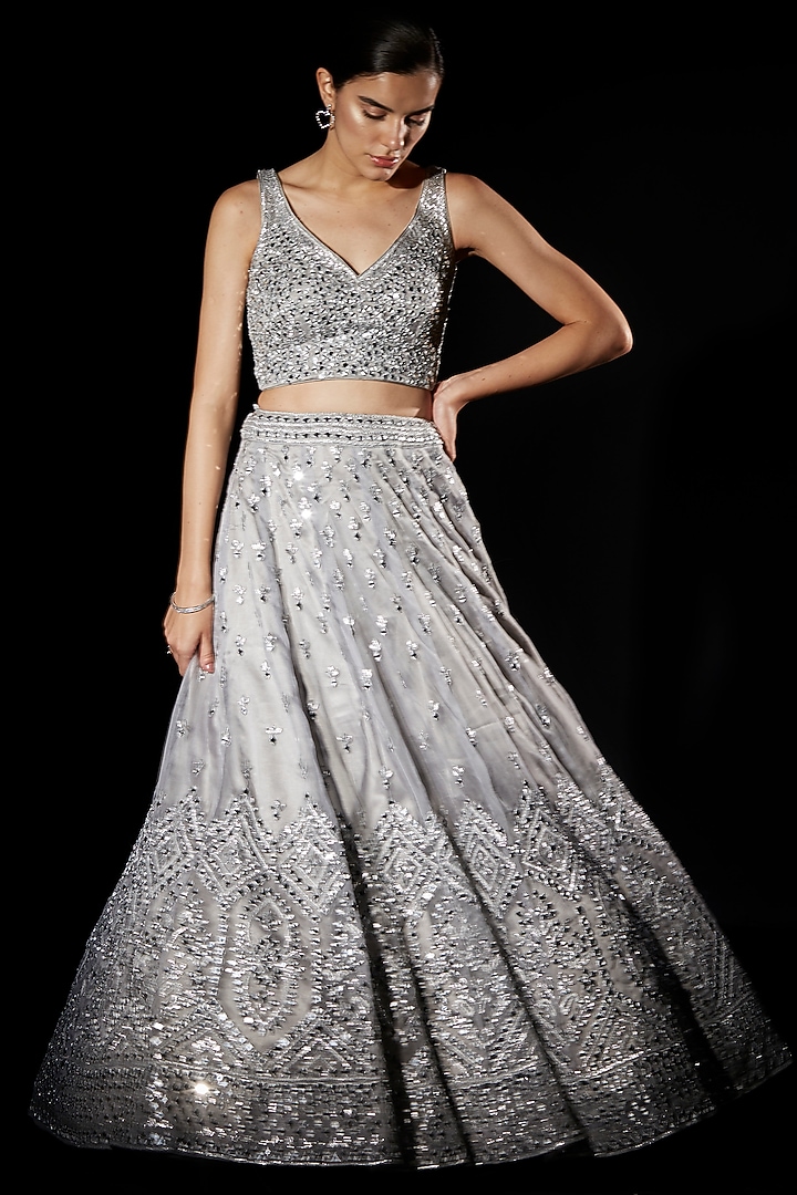 Grey Organza Embroidered Wedding Lehenga Set by Angad Singh at Pernia's Pop Up Shop