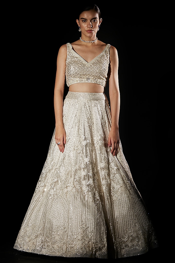 Off-White Net Embroidered Wedding Lehenga Set by Angad Singh at Pernia's Pop Up Shop