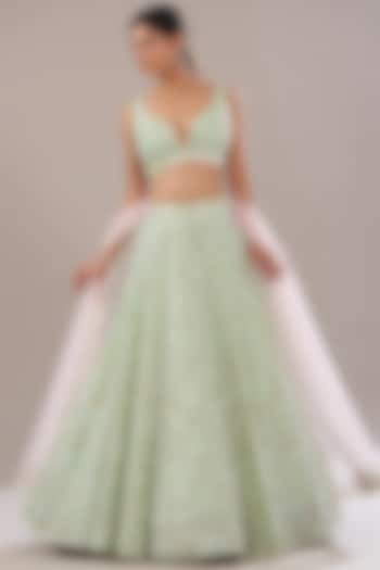 Sea Green Organza Embroidered Bridal Lehenga Set by Angad Singh at Pernia's Pop Up Shop