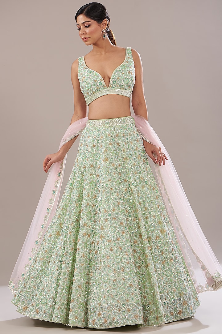 Sea Green Organza Embroidered Bridal Lehenga Set by Angad Singh at Pernia's Pop Up Shop