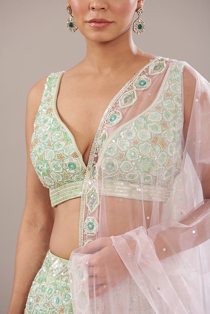 Sea Green Organza Embroidered Bridal Lehenga Set by Angad Singh at Pernia's Pop Up Shop