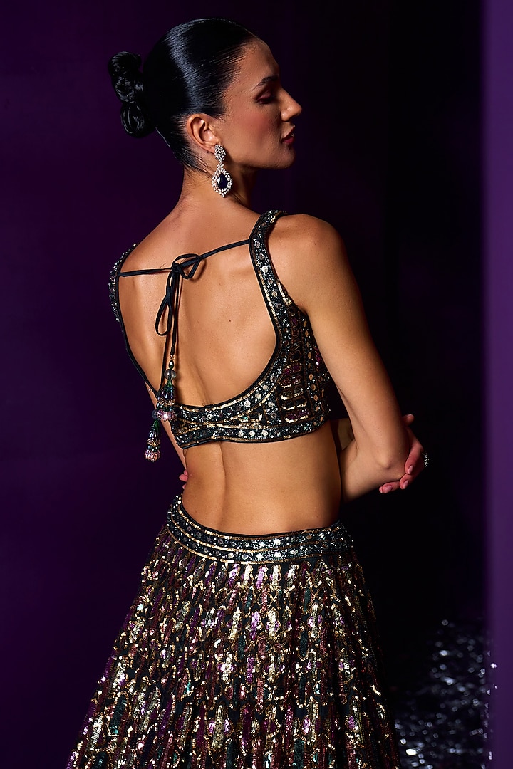 Emerald Green Organza Crystal & Sequins Embroidered Bridal Lehenga Set by Angad Singh at Pernia's Pop Up Shop
