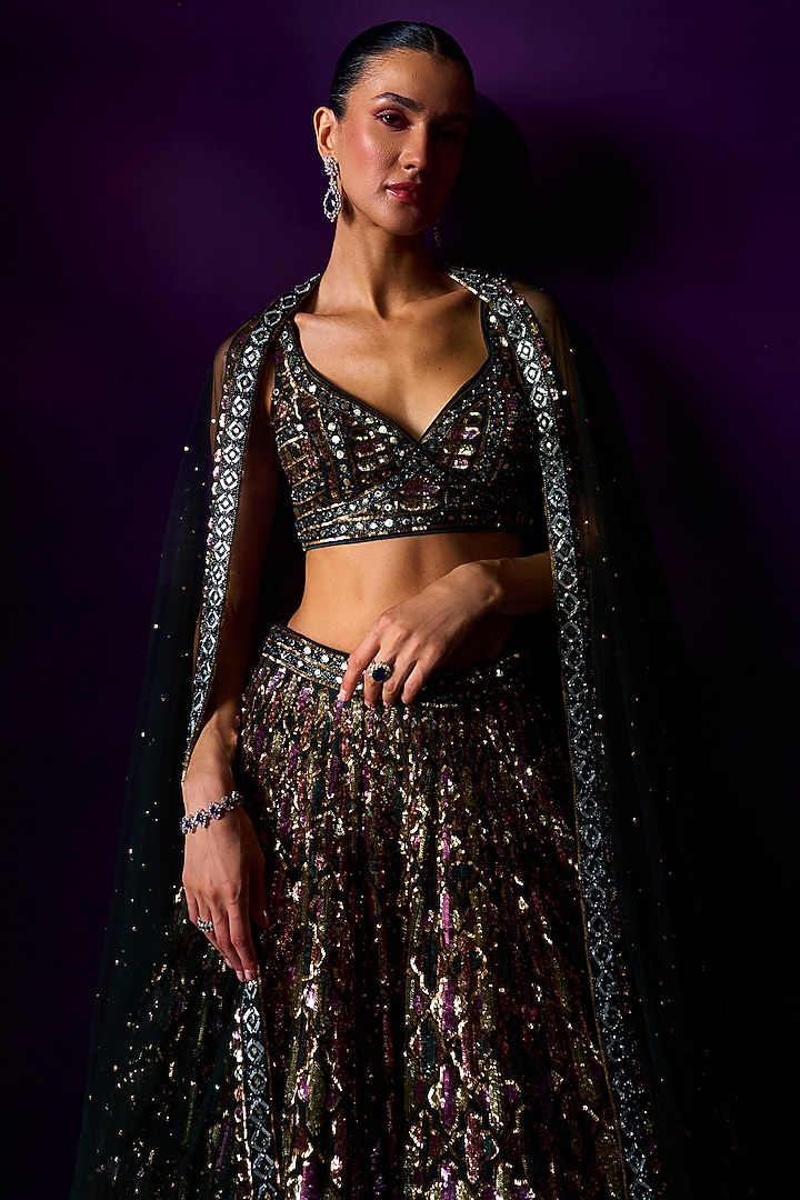 Emerald Green Organza Crystal & Sequins Embroidered Bridal Lehenga Set by Angad Singh at Pernia's Pop Up Shop
