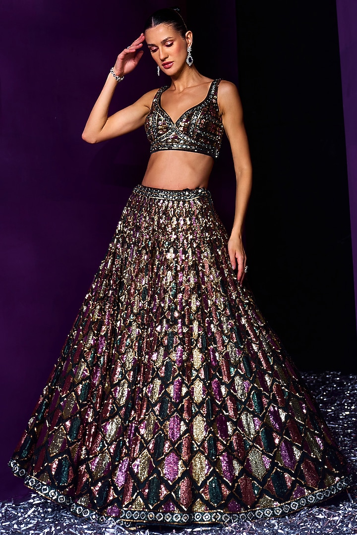 Emerald Green Organza Crystal & Sequins Embroidered Bridal Lehenga Set by Angad Singh at Pernia's Pop Up Shop
