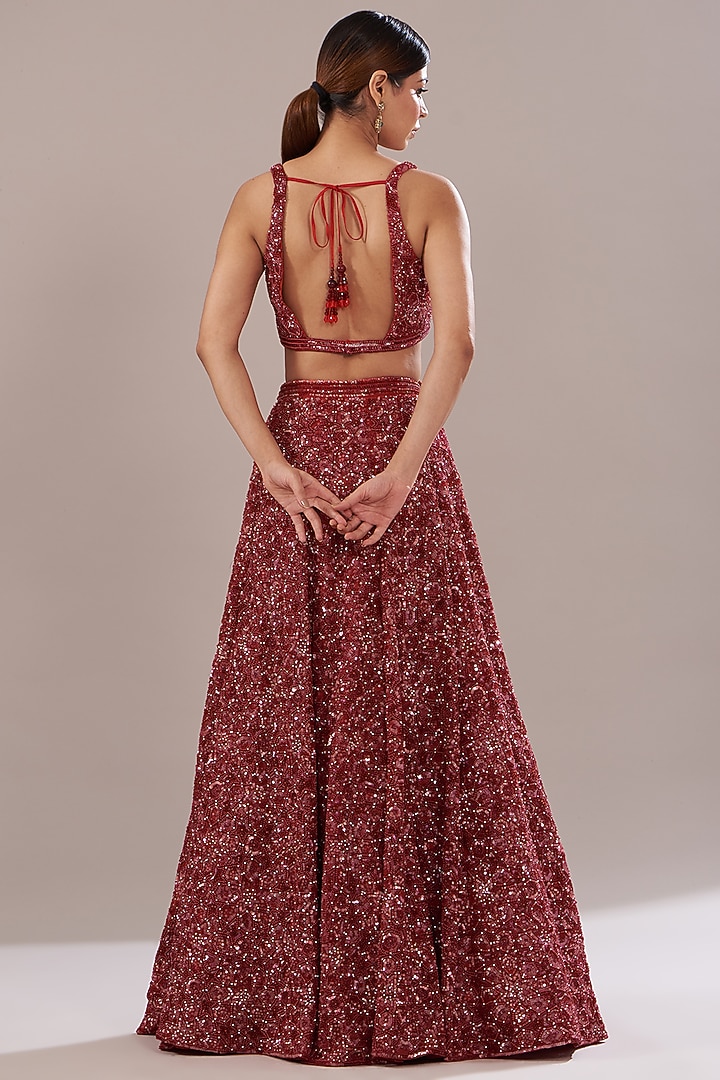 Red Net Embroidered Bridal Lehenga Set by Angad Singh at Pernia's Pop Up Shop