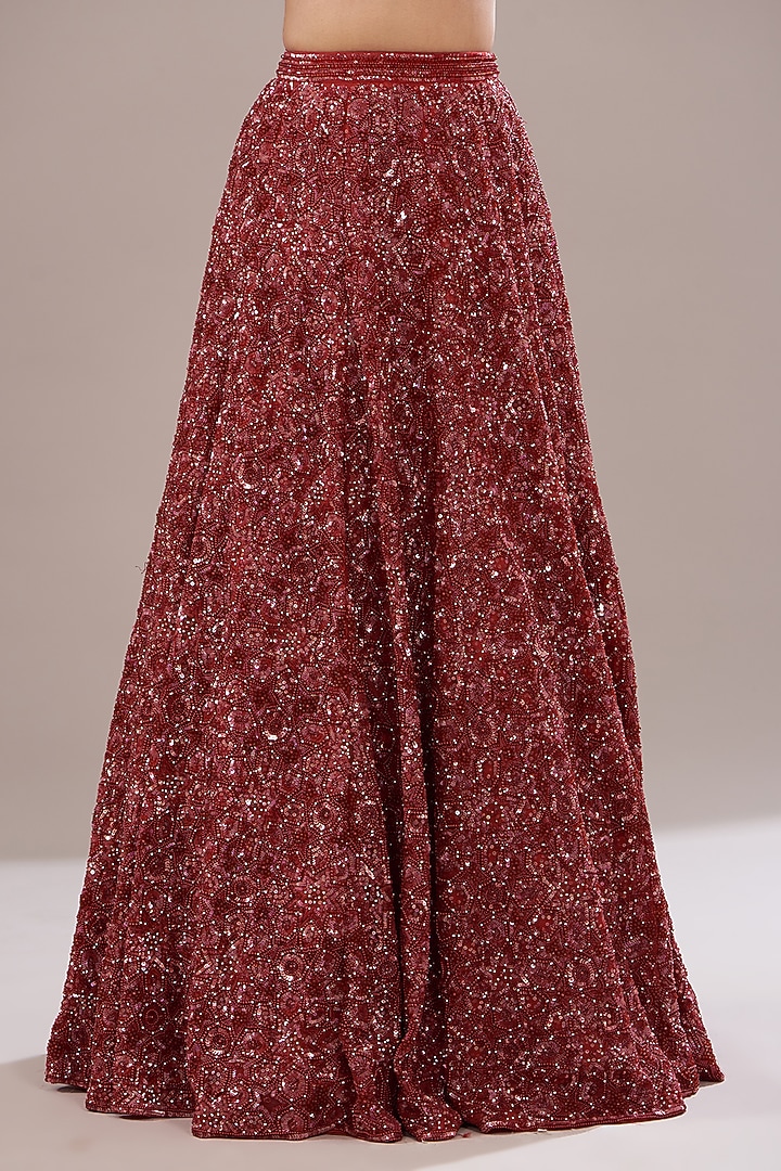 Red Net Embroidered Bridal Lehenga Set by Angad Singh at Pernia's Pop Up Shop