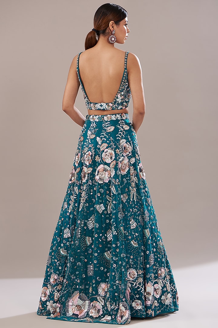 Peacock Blue Net Embroidered Bridal Lehenga Set by Angad Singh at Pernia's Pop Up Shop