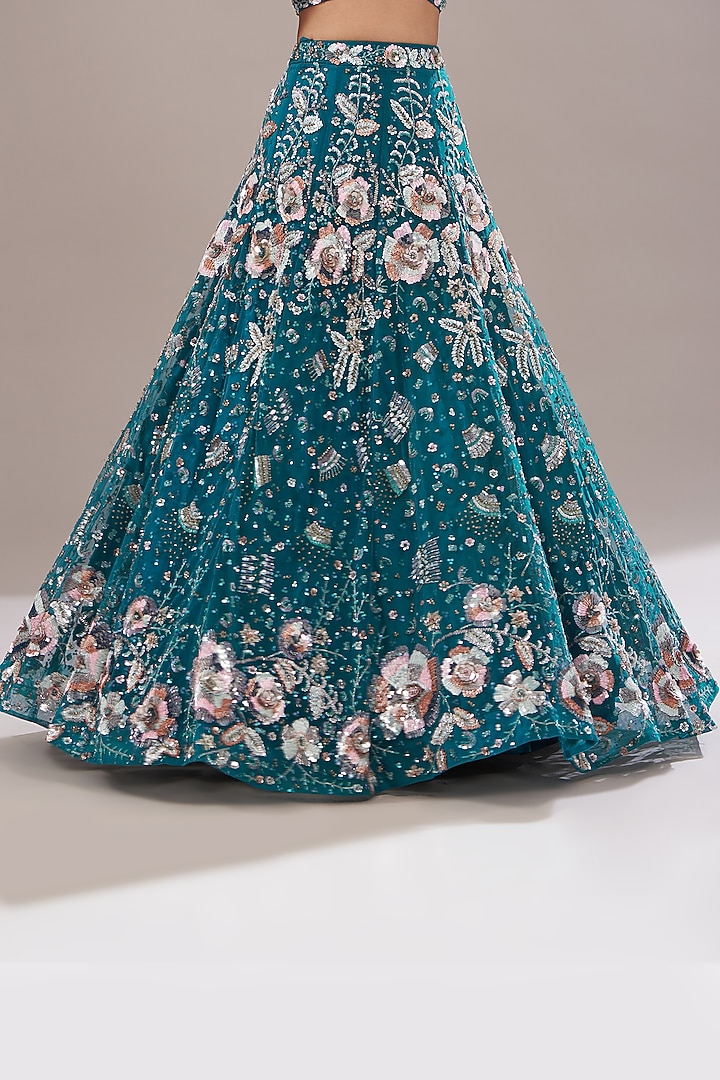 Peacock Blue Net Embroidered Bridal Lehenga Set by Angad Singh at Pernia's Pop Up Shop