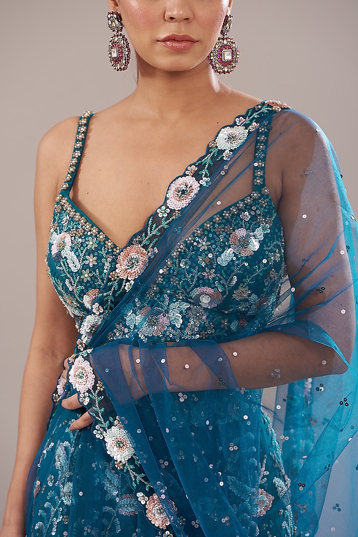 Peacock Blue Net Embroidered Bridal Lehenga Set by Angad Singh at Pernia's Pop Up Shop