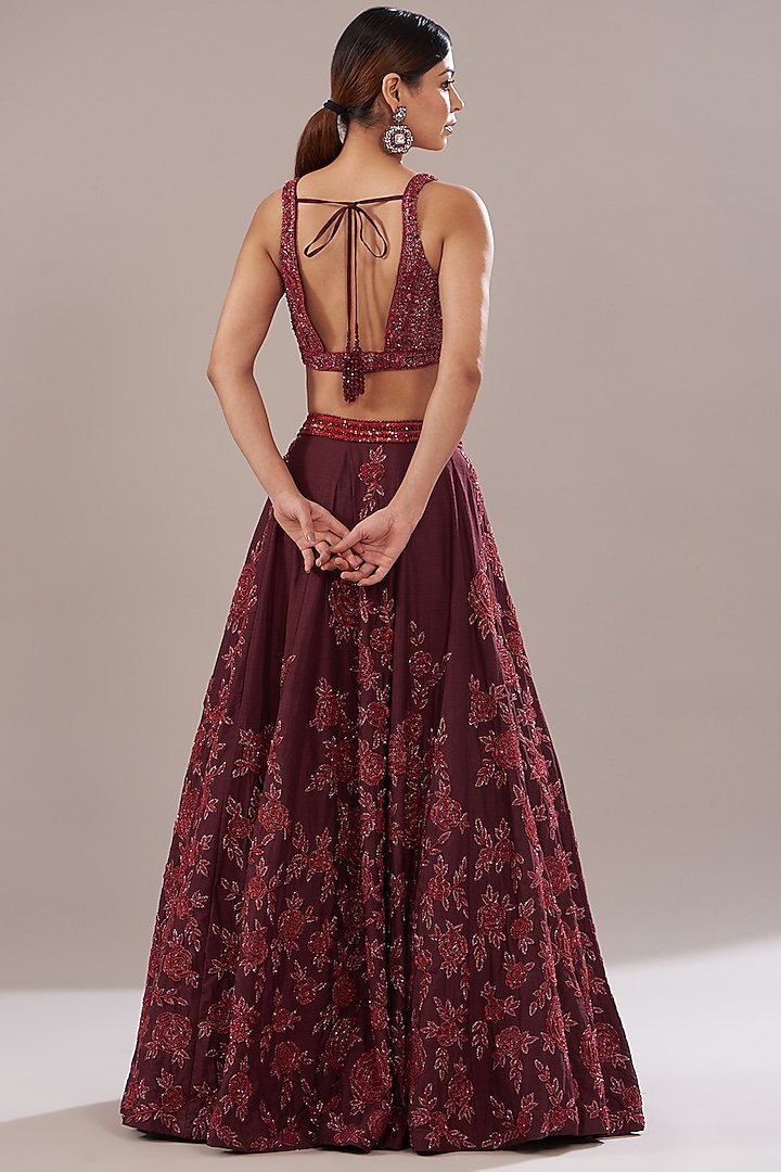 Maroon Raw Silk Embroidered Bridal Lehenga Set by Angad Singh at Pernia's Pop Up Shop