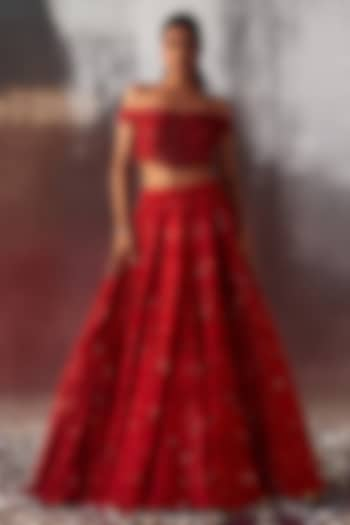 Red Net Sequins & Crystal Embroidered Bridal Lehenga Set by Angad Singh at Pernia's Pop Up Shop