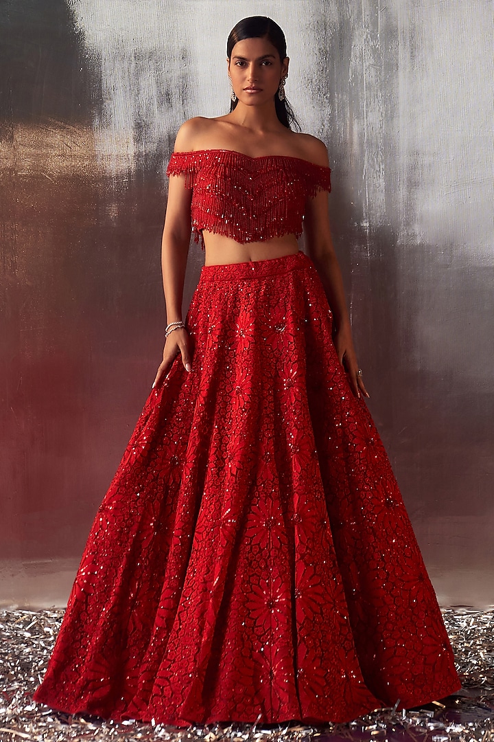 Red Net Sequins & Crystal Embroidered Bridal Lehenga Set by Angad Singh at Pernia's Pop Up Shop