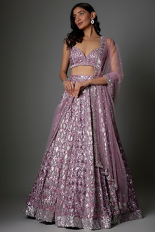 Mauve Organza Hand Embroidered Lehenga set by Angad Singh