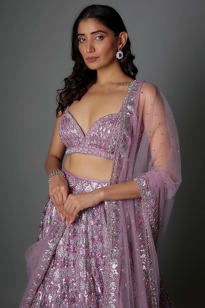 Mauve Organza Hand Embroidered Bridal Lehenga set by Angad Singh at Pernia's Pop Up Shop