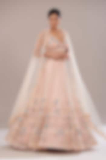 Peach Net Embroidered Wedding Lehenga Set by Angad Singh at Pernia's Pop Up Shop