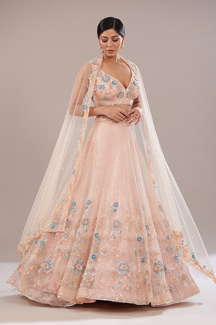 Peach Net Embroidered Wedding Lehenga Set by Angad Singh at Pernia's Pop Up Shop