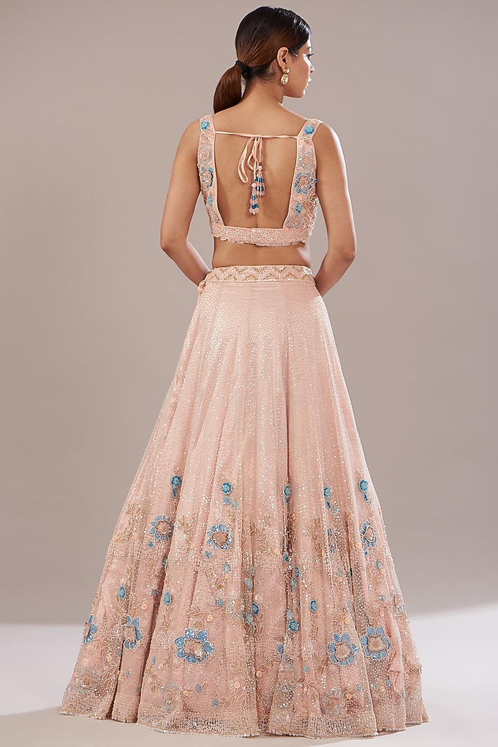 Peach Net Embroidered Bridal Lehenga Set by Angad Singh at Pernia's Pop Up Shop