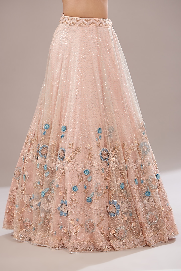 Peach Net Embroidered Bridal Lehenga Set by Angad Singh at Pernia's Pop Up Shop