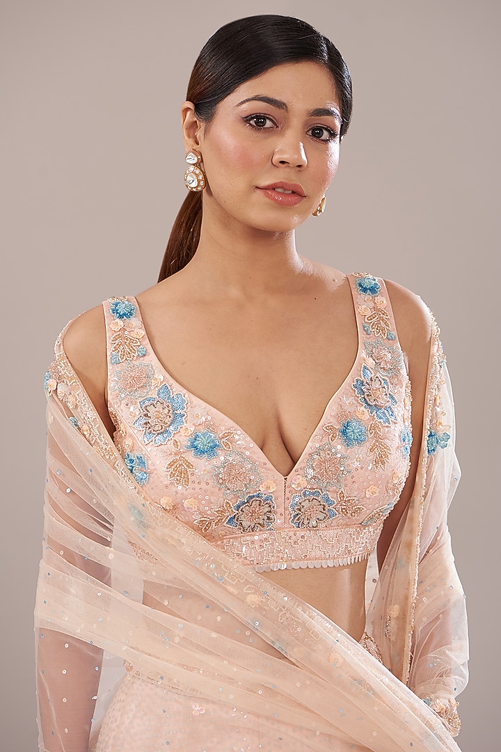 Peach Net Embroidered Bridal Lehenga Set by Angad Singh at Pernia's Pop Up Shop