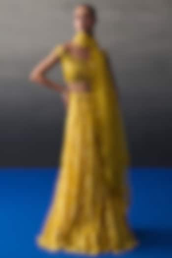 Yellow Chantilly Lace Wedding Lehenga Set by Angad Singh at Pernia's Pop Up Shop