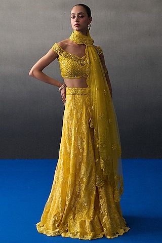 Yellow Chantilly Lace Lehenga Set by Angad Singh