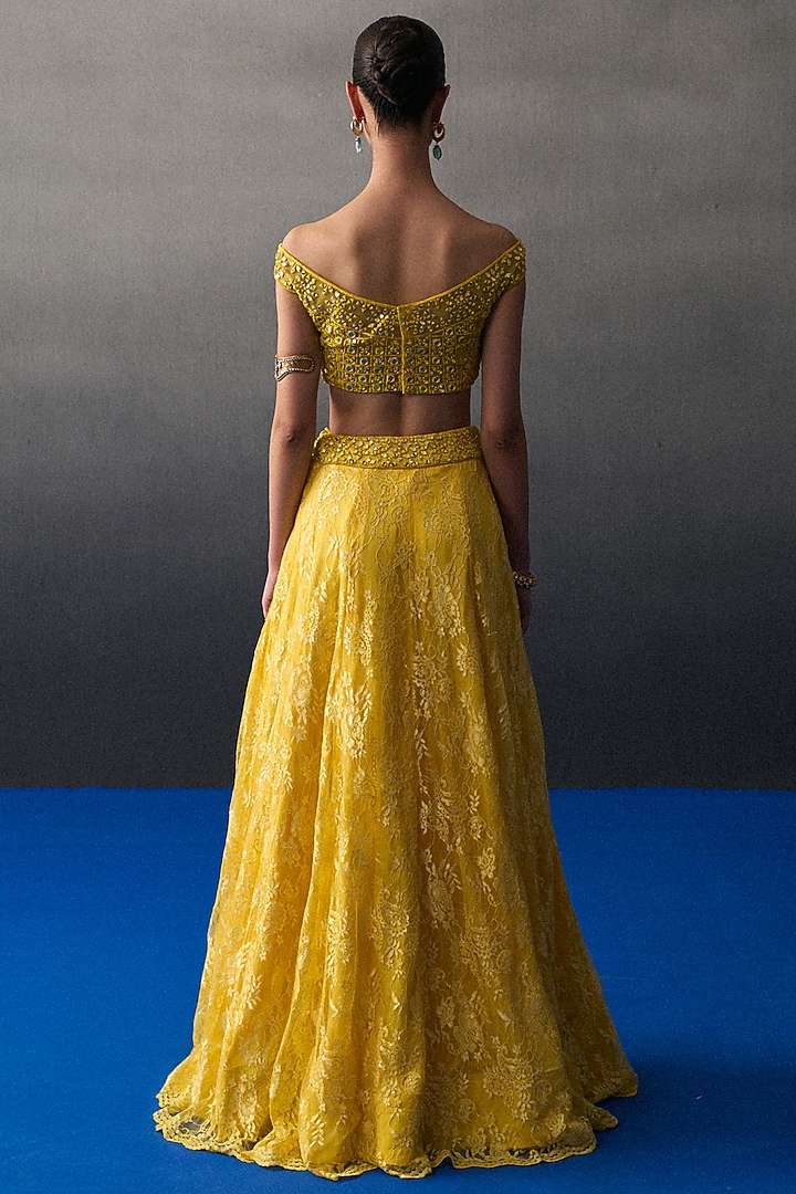 Yellow Chantilly Lace Wedding Lehenga Set by Angad Singh at Pernia's Pop Up Shop