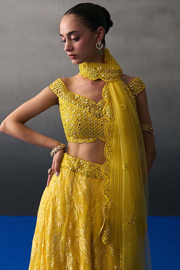 Yellow Chantilly Lace Wedding Lehenga Set by Angad Singh at Pernia's Pop Up Shop