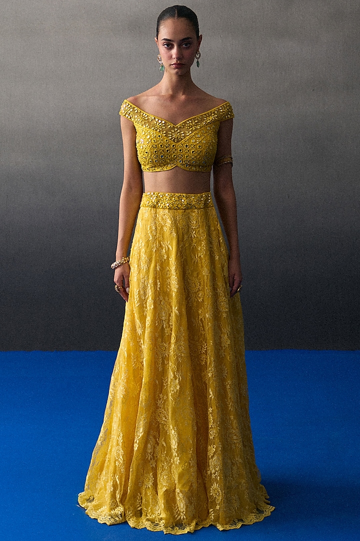 Yellow Chantilly Lace Wedding Lehenga Set by Angad Singh at Pernia's Pop Up Shop