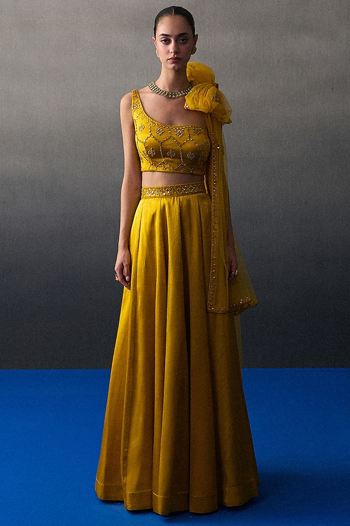 Mustard Satin Silk Wedding Lehenga Set by Angad Singh at Pernia's Pop Up Shop