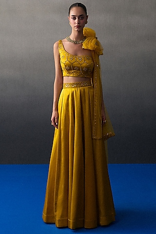 Mustard Satin Silk Lehenga Set by Angad Singh