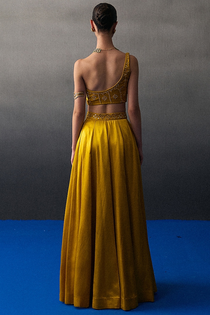 Mustard Satin Silk Wedding Lehenga Set by Angad Singh at Pernia's Pop Up Shop