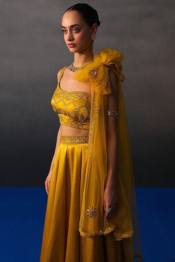 Mustard Satin Silk Wedding Lehenga Set by Angad Singh at Pernia's Pop Up Shop