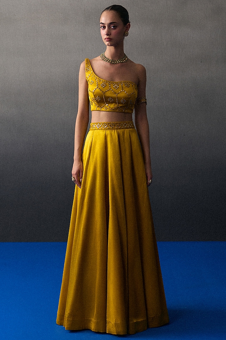 Mustard Satin Silk Wedding Lehenga Set by Angad Singh at Pernia's Pop Up Shop